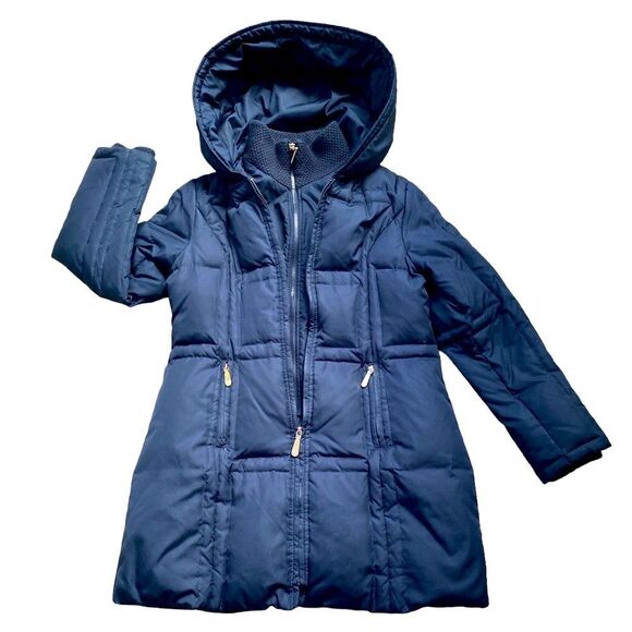 Vince Camuto Womens Puffer Down Hooded Coat Navy Blue Double Zip Pockets - Picture 1 of 16